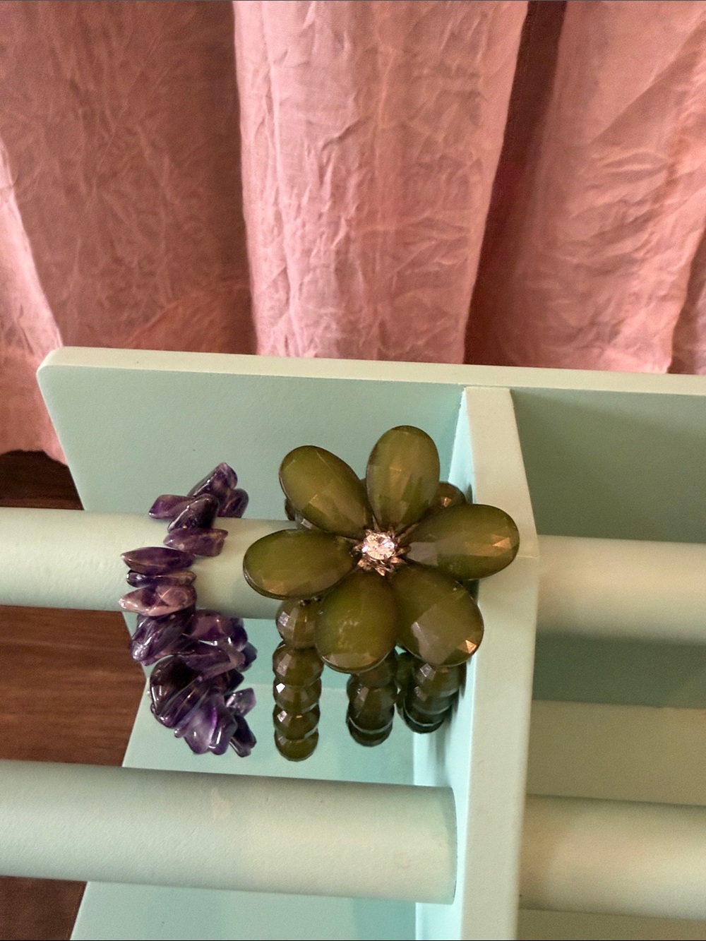 Olive Green Flower Stretch Bracelet with Faceted Petal Beads
